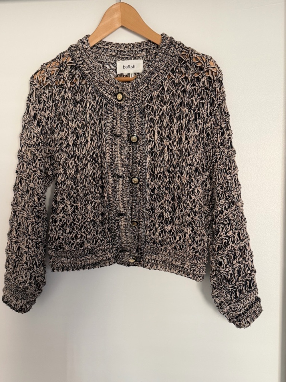 ba&sh Black and Cream Open-Knit Button Cardigan